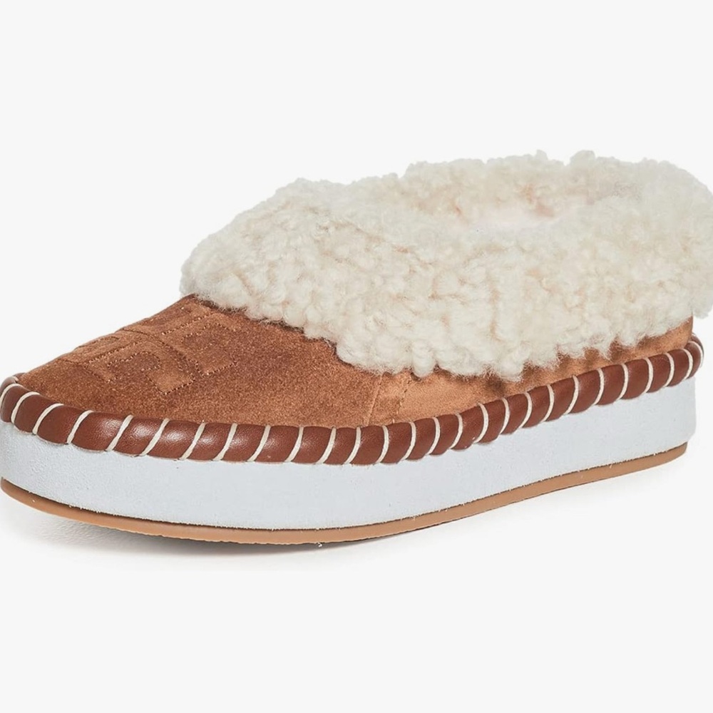 NIB TORY BURCH Shearling Slip-On Slippers Natural Suede / Curly Shearling Size 7